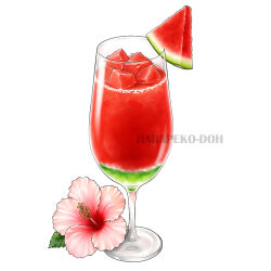  artist_name cocktail_glass coconala_commission commentary commission cup drinking_glass flower food food_focus fruit hibiscus ice invisible_floor miyu_(clo-via) no_humans original pink_flower smoothie stamen still_life watermark watermelon watermelon_slice 
