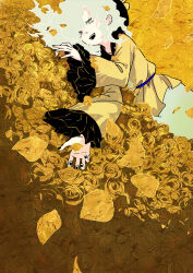  1girl black_nails commentary_request cowboy_shot dutch_angle flower green_eyes green_hair green_skirt komeiji_koishi long_sleeves looking_at_viewer lying on_side open_mouth petals seeker shirt skirt smile solo touhou yellow_flower yellow_shirt 