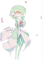  1girl arm_at_side artist_name bespectacled bob_cut colored_skin commentary flat_chest full_body gardevoir glasses green_hair green_skin hair_over_one_eye hand_on_own_chest hand_up highres looking_at_viewer maeyufiore mixed-language_commentary multicolored_skin no_feet no_mouth one_eye_covered petals pokemon pokemon_(creature) red_eyes ringed_eyes romaji_commentary round_eyewear short_hair signature simple_background sketch solo standing two-tone_skin white_background white_skin 