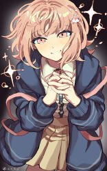  1girl absurdres animal_bag bag cat_bag collared_shirt commentary_request danganronpa_(series) danganronpa_2:_goodbye_despair flipped_hair hair_ornament highres hood jacket long_sleeves looking_at_viewer medium_hair nanami_chiaki neck_ribbon open_clothes open_jacket oteage own_hands_together pink_bag pink_eyes pink_ribbon pleated_skirt ribbon shirt skirt smile solo sparkle tears upper_body white_shirt 