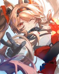  1girl absurdres angelina_(arknights) angelina_the_mellow_wish_(arknights) animal_ear_fluff animal_ears arknights black_collar black_gloves black_hairband brown_hair chinese_commentary closed_mouth collar commentary_request dutch_angle fox_ears fox_girl gloves hair_between_eyes hairband highres infection_monitor_(arknights) long_hair long_sleeves looking_at_viewer one_eye_closed red_eyes smile solo twintails upper_body w yuxu_pen 
