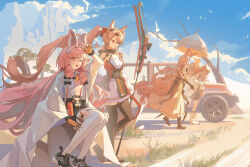 4girls :d absurdres ahoge angelina_(arknights) angelina_the_mellow_wish_(arknights) animal_ear_fluff animal_ears arknights bare_tree black_collar black_gloves black_hairband black_shoes black_skirt black_thighhighs blonde_hair blue_sky brown_hair car carrot chinese_commentary clouds collar commentary_request day desert dl_fengyu dress fingerless_gloves fox_ears fox_girl full_body gloves grass hair_between_eyes hairband hand_up highres hiking_backpack holding holding_staff holding_umbrella infection_monitor_(arknights) jacinta_(arknights) long_dress long_hair long_sleeves looking_at_another looking_at_viewer motor_vehicle multiple_girls open_mouth orange_gloves outdoors parasol pink_eyes pink_hair rabbit_ears rabbit_girl raccoon_ears raccoon_girl shoes sitting skirt sky smile staff thigh-highs thumpy_(arknights) timeslot_(arknights) tree twintails umbrella very_long_hair white_dress white_thighhighs white_umbrella 