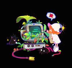  1girl boots broken_cable broken_glass cat child commentary computer dress electric_plug error_message from_side glass hat highres holding holding_paper holding_pencil looking_at_object mengxuanliart monitor mushroom open_mouth orange_hair original overgrown paper pencil profile progress_bar solo speech_bubble spoken_virus standing star_(symbol) sticker untranslatable_commentary virus white_boots white_dress white_hat wide_shot witch_hat 