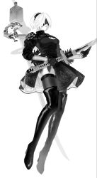  1girl 2b_(nier:automata) android black_dress black_gloves black_hairband black_thighhighs blindfold boots clothing_cutout covered_eyes dress drone feather-trimmed_sleeves full_body gloves hairband highres juliet_sleeves leotard long_sleeves mole mole_under_mouth nier:automata nier_(series) pod_(nier:automata) puffy_sleeves robot short_hair simple_background solo thigh-highs thighhighs_under_boots thong thong_leotard uo_ii9s virtuous_contract weapon white_background white_hair white_leotard 