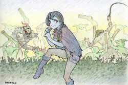  1girl 2boys bag battle belt black_hair blood blue_skin boots braid bush clenched_teeth cloak club_(weapon) colored_skin commentary english_commentary flaming_eye gameplay_mechanics goblin graphite_(medium) hair_ornament hairclip hat heart heart-shaped_pupils helmet highres ihoreco jumping knight lona_(lonarpg) lonarpg medium_hair monster multiple_boys nervous orc orkind_slayer_(lonarpg) red_cloak satchel signature slashing sneaking straw_hat surrounded sword symbol-shaped_pupils teeth tiptoes traditional_media treasure_hunter_(lonarpg) twin_braids weapon whip 