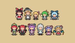  6+girls apron bat_wings beret black_skirt black_vest blonde_hair blue_bow blue_dress blue_hair bow braid cirno closed_mouth commentary_request daiyousei demon_wings detached_sleeves detached_wings dress embodiment_of_scarlet_devil fairy fairy_wings flandre_scarlet full_body green_hair green_hat green_vest hair_bow hair_ribbon hair_tubes hakurei_reimu hat hat_bow hat_ornament hat_ribbon head_wings hong_meiling ice ice_wings izayoi_sakuya kirisame_marisa koakuma looking_at_viewer maid_headdress mob_cap multicolored_wings multiple_girls necktie outstretched_arms patchouli_knowledge pink_dress pink_hat pink_shirt pink_skirt pixel_art purple_hair red_bow red_hair red_necktie red_ribbon red_skirt red_vest remilia_scarlet ribbon rumia shirt skirt skirt_set smile spread_arms star_(symbol) star_hat_ornament touhou twin_braids vest waist_apron white_apron white_bow white_hat wings witch_hat yellow_bow yoiy_san 