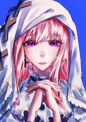  1girl bib_collar blonde_hair blue_background commentary_request cross cross_earrings cross_ornament crying crying_with_eyes_open dress earrings frilled_dress frilled_sleeves frills hikami_meruru interlocked_fingers jewelry long_hair long_sleeves looking_at_viewer mahou_shoujo_no_majo_saiban own_hands_clasped own_hands_together portrait priestess qu_xiang35200 simple_background solo straight-on tears veil violet_eyes white_dress white_veil wide_sleeves 