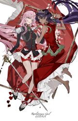  2girls absurdres barefoot bindi black_jacket black_shoes blue_eyes copyright_name crown dark-skinned_female dark_skin dress english_text epaulettes glasses green_eyes highres himemiya_anthy jacket long_hair multiple_girls ouge_dz purple_hair red_dress red_shorts shoes shorts shoujo_kakumei_utena sleeveless sleeveless_dress smile sword_of_dios tenjou_utena very_long_hair 