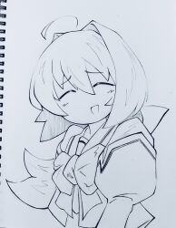  1girl :d ahoge blush bow closed_eyes commentary_request emujie greyscale hair_bow hair_intakes hakuryou_high_school_uniform highres kagami_sumika long_hair long_sleeves low_ponytail monochrome muv-luv open_mouth ponytail ribbon school_uniform sketch smile solo very_long_hair white_background 