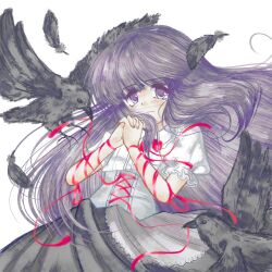  1girl alternate_costume arm_ribbon bird black_bird black_feathers black_skirt closed_mouth collared_shirt commentary corset cross-laced_clothes cross-laced_corset crow feathers frilled_sleeves frills furude_rika grey_corset highres higurashi_no_naku_koro_ni looking_at_viewer nekotorine own_hands_together puffy_short_sleeves puffy_sleeves purple_hair red_ribbon ribbon shirt short_sleeves simple_background skirt solo violet_eyes white_background white_shirt 