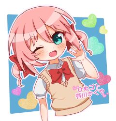  1boy :d \||/ arikawa_kaguya arm_at_side blue_background blush border bow bowtie brown_sweater_vest character_name commentary_request copyright_name cropped_torso deformed green_eyes hair_between_eyes hand_up heart heart_background highres himegoto male_focus one_eye_closed open_mouth outline outside_border pink_hair red_bow red_bowtie ruaaa-3510 school_uniform short_hair short_twintails sidelocks smile solo sweater_vest trap twintails waving white_border white_outline 
