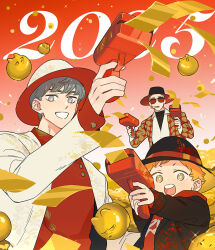  2025 3boys blonde_hair chinese_clothes chinese_commentary collared_shirt commentary_request gold grey_hair happy_new_year hat jacket long_sleeves luobai_(papa_wolf) male_focus mawei_(character) money_gun multiple_boys open_mouth orange_hair papa_wolf_and_the_puppy red_shirt rushi_(mousang) shirt smile smoking sunglasses tudou_(papa_wolf) two-tone_hat white_shirt 