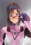  bad_id blue_eyes brown_hair bust evangelion:_2.0_you_can_(not)_advance glasses ikuyoan long_hair makinami_mari_illustrious neon_genesis_evangelion plugsuit rebuild_of_evangelion red-framed_glasses smile solo 