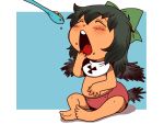  baby barefoot belly bib black_hair blush bow closed_eyes diaper eyes_closed feeding food hair_bow hand_to_mouth nuclear onikobe_rin open_mouth radiation_symbol reiuji_utsuho sitting solo spoon tail touhou young 