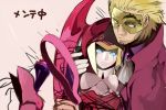  1girl android blazblue blonde_hair blue_eyes cape cravat facial_hair glowing glowing_eyes husband_and_wife ignis_(blazblue) mask relius_clover shihage stubble 