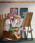  :d amputee barefoot bow brown_hair bukimi_isan canvas_(object) easel green_eyes highres ibarazaki_emi katawa_shoujo loafers mibuki397 mouth_hold necktie open_mouth paintbrush painting palette red_hair redhead school_uniform shoes smile striped tezuka_rin thigh-highs thighhighs twintails 