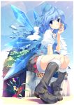  absurdres alternate_costume alternate_hairstyle blue_eyes blue_hair blue_sky blush boots bow buckle can cirno flower fur_trim hair_bow highres knee_boots light_rays rozea shirt short_hair sitting skirt sky smile solo touhou vest wings 