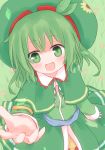  :d flower from_above green_eyes green_hair hat leaf leaf_on_head no_nose open_mouth original pov reaching seoi_ha shize_(coletti) smile solo touhou xyxy0707 
