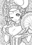  breasts cleavage dress flower frills jewelry lineart monochrome necklace original rose smile solo wink yukiko_haotome 