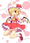 ;p ascot blonde_hair blush child fang flandre_scarlet footwear hat heart jumping loafers open_mouth pointing pointing_up red_eyes shoes side_ponytail skirt smile socks solo the_embodiment_of_scarlet_devil tongue touhou white_legwear wings wink yamasan 