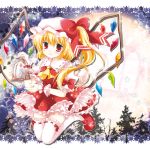  ascot blonde_hair blush bow candle dress fang flandre_scarlet hat mary_janes open_mouth red_eyes ribbon shoes short_hair side_ponytail smile solo the_embodiment_of_scarlet_devil thigh-highs thighhighs touhou tree white-brown wings wrist_cuffs zettai_ryouiki 