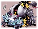  alternate_color bad_id black_eyes creature eye_contact kecleon looking_at_another lying magnet magnetism magnezone mano_(shampoohatter) mawile monster no_humans odd_one_out on_stomach pink_background pokemon pokemon_(creature) red_eye red_eyes registeel scarf sitting squiggle tongue v_arms 