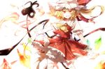  ascot bad_id blonde_hair bloomers fire flandre_scarlet grin hat hat_ribbon hato_satobeni hisona_(suaritesumi) holding lace-trimmed_skirt laevatein looking_at_viewer red_eyes ribbon short_hair short_sleeves side_ponytail simple_background skirt skirt_set smile solo standing the_embodiment_of_scarlet_devil touhou white_background wings wrist_cuffs 