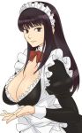  1girl apron bowtie breasts cleavage female gus_(clarkii) huge_breasts large_breasts long_hair maid maid_headdress maid_outfit original purple_eyes purple_hair simple_background solo uniform violet_eyes 
