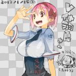  bow breasts checkered checkered_background chibi_inset dated hair_bow hairband large_breasts nakahara_(teriyaki) necktie original pink_hair red_eyes short_hair solo teriyaki translation_request v 