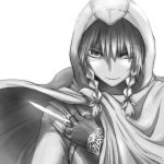  assassin&#039;s_creed assassin's_creed blade braid cape cosplay crossover didloaded fingerless_gloves gloves greyscale hair_ribbon hidden_blade hood izayoi_sakuya knife lipstick looking_at_viewer makeup monochrome ribbon simple_background solo touhou twin_braids vambraces weapon white_background 