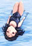  barefoot black_hair competition_swimsuit deras highres legs_folded lying on_back one-piece_swimsuit original parted_lips partially_submerged purple_eyes red_eyes shallow_water short_hair solo swimsuit upside-down water 