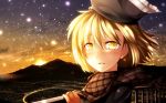  blonde_hair blush bow bust cityscape dusk hat highres kazetto looking_at_viewer lunasa_prismriver open_mouth scarf short_hair smile solo touhou yellow_eyes 