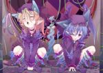  alternate_costume animal_ears bat_wings blonde_hair blue_hair cat_ears cat_tail choker closed_eyes extra_ears eyes_closed fang flandre_scarlet gradient_hair hat intertwined_tails kemonomimi_mode multicolored_hair multiple_girls open_mouth pet_play petals pointy_ears purple_eyes remilia_scarlet rose_petals shunsuke siblings sisters squatting striped striped_legwear tail touhou v_arms violet_eyes wings wink 