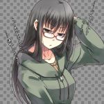  :&lt; black_hair bust checkered checkered_background collarbone female glasses hoodie long_hair looking_at_viewer original solo translated translation_request ygo 