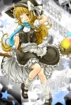  2010 blonde_hair bloomers blush braid broom broom_riding footwear grin hand_on_hat hat highres kirisame_marisa long_hair mary_janes new_year shoes smile socks solo touhou white_legwear wink witch witch_hat yamisawa yellow_eyes 