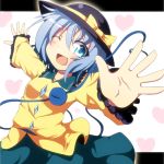  1girl aqua_hair do_(4-rt) eyeball hat komeiji_koishi letterboxed open_mouth outstretched_arms short_hair silver_hair skirt smile solo third_eye touhou wink 