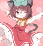  animal_ears bow brown_eyes brown_hair cat_ears cat_tail chen dress earrings fang hat jewelry mari_audio open_mouth outstretched_arms short_hair smirk solo tail touhou wink 