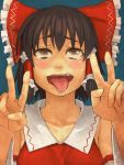  ahegao and blush bow brown_eyes brown_hair bust detached_sleeves double_v face hair_bow hair_tubes hakurei_reimu hands miko saliva solo tears tongue tongue_out touhou v 
