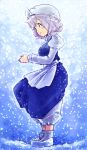  1girl blue_eyes breasts dress full_body harusame_(unmei_no_ikasumi) hat lavender_hair letty_whiterock short_hair smile snow solo standing touhou 