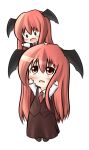  &gt;:) &gt;:d :d :o bat_wings blush brown_eyes chibi chibi_on_head dual_persona hand_on_own_cheek head_wings koakuma long_hair multiple_girls necktie open_mouth red_eyes red_hair redhead shirt skirt skirt_set smile solid_circle_eyes the_embodiment_of_scarlet_devil touhou uruc very_long_hair vest wings 