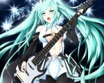  7ban black_gloves black_legwear bodysuit breasts cleavage elbow_gloves electric_guitar gauntlets gloves green_eyes green_hair guitar hatsune_miku instrument lights long_hair microphone midriff monitor navel open_mouth pantyhose plectrum revealing_clothes solo stage_lights striped striped_gloves striped_legwear twintails vocaloid 
