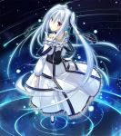  ahoge choker corset dress frilled_skirt hair_ornament hand_on_own_chest light_particles long_hair long_sleeves looking_at_viewer nanakase_kotoko nekonade_distortion open_mouth ripples shoes solo standing t-ray turning twintails water white_hair yellow_eyes 