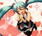  :d aqua_hair closed_eyes detached_sleeves hands_together happy hatsune_miku heart hirococo jumping long_hair necktie open_mouth skirt smile solo sparkle thigh-highs thighhighs twintails very_long_hair vocaloid 