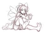  barefoot bloomers bow cirno feet hair_bow hands highres kuro_suto_sukii monochrome open_mouth outstretched_arms short_hair sketch soles solo stretch toes touhou 