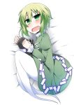  blush dress fetal_position ghost ghost_tail green_dress green_eyes green_hair hat hat_removed headwear_removed multiple_tails open_mouth ren_(733) soga_no_tojiko solo tail tate_eboshi touhou 