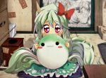  :3 blush blush_stickers bow box chibi dress ex-keine green_dress green_hair hakutaku horn_ribbon horns kamishirasawa_keine kamishirasawa_keine_(hakutaku) long_hair multicolored_hair ofuda picture_(object) pillow red_eyes ribbon senhaku silver_hair sitting sitting_on_lap sitting_on_person solo sukusuku_hakutaku table tail tatami touhou two-tone_hair 