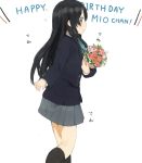  akiyama_mio black_eyes black_hair bouquet flower happy_birthday k-on! long_hair looking_back nasuna school_uniform 