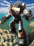  cloud fighting_stance fist gundam gundam_msv mecha mobile_suit mobile_suit_gundam no_humans ocean oldschool partially_submerged perspective raybar realistic robot rock science_fiction sky solo water zogok 