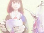  bad_id blurry brown_hair copyright_request cup depth_of_field faux_traditional_media hands kettle looking_away pomodorosa risa_hibiki school_uniform solo teacup 