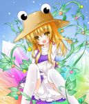  1girl bad_id blonde_hair covering covering_crotch crystal hat holding_arm long_hair moriya_suwako open_mouth sitting sleeves_past_wrists smile solo thigh-highs thighhighs touhou white_legwear yellow_eyes yuuhagi_(amaretto-no-natsu) 